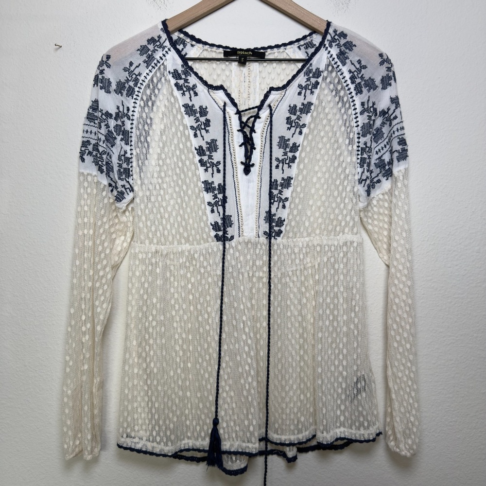 Black Women Sheer Coquette Top Small Ivory Blue Embroidered Long Sleeve Tie Neck